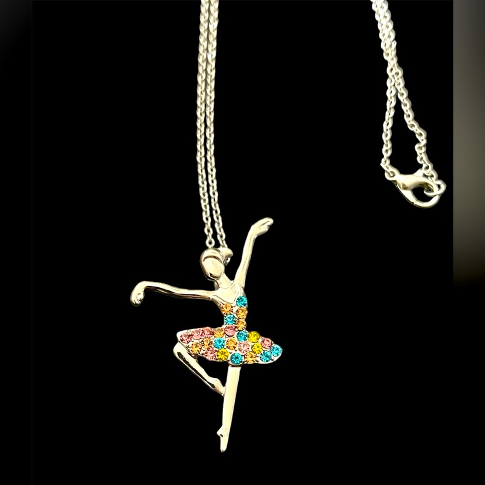 Ballerina Necklace - Silver with tutu with multicolor rhinestones